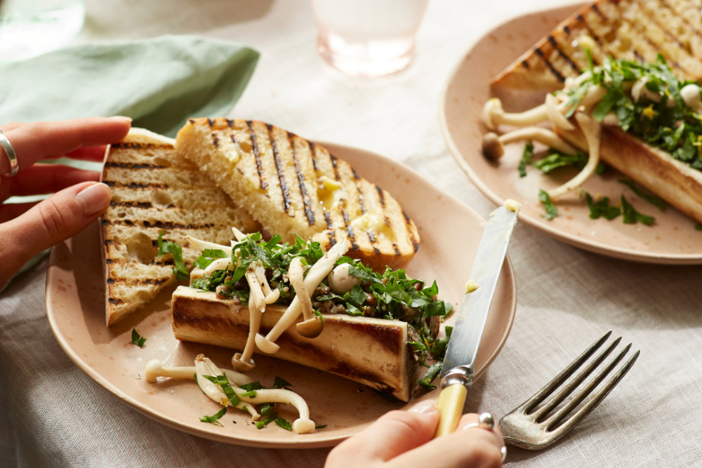Bone Marrow Canoes with Gremolata & Pickled Mushrooms