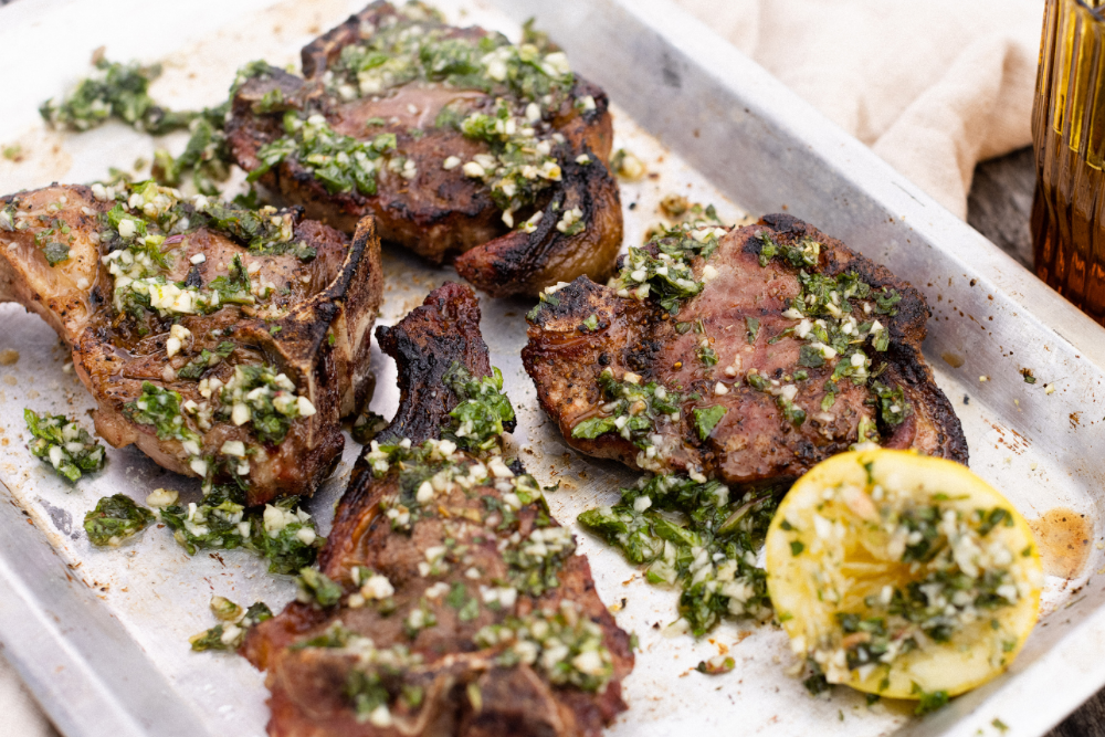 Mutton Chops with Souvlaki Salt Rub & Lemon Board Dressing