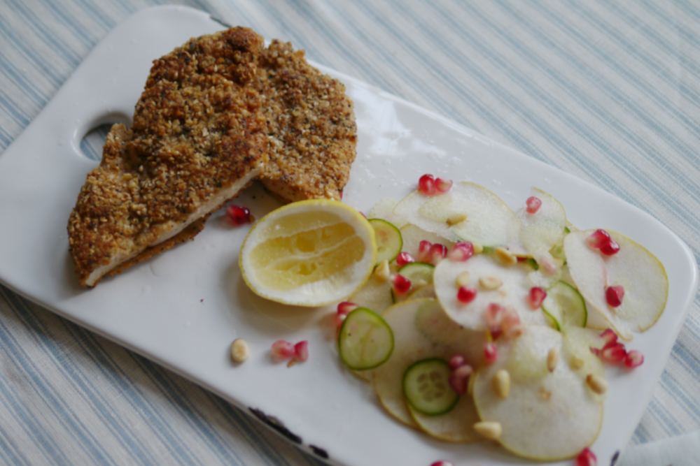 Rosemary Chicken Escalopes with Pear & Pomegranate Salad