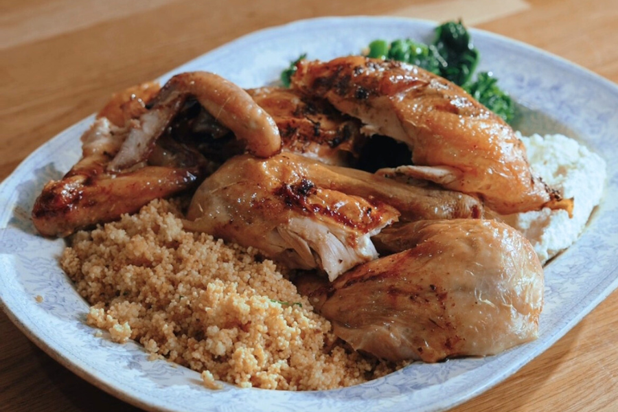 Whole Roast Chicken with Herb Butter, Whipped Ricotta, Couscous & Tenderstem Broccoli