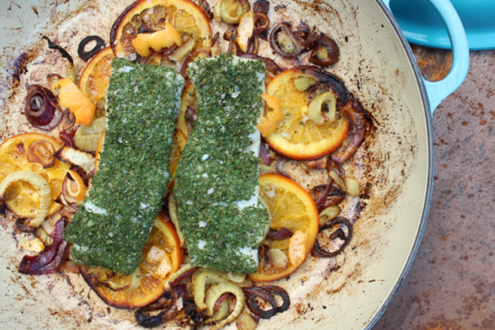 Baked Cod with Fennel, Red Onion & Orange